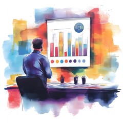 Poster - Businessman Analyzing Data and Charts with Watercolor Background
