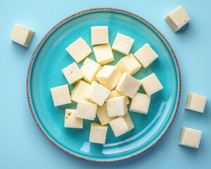 Freshly cut cheese cubes on a vibrant blue plate