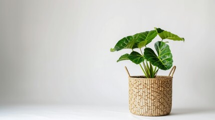 A potted green plant with large leaves in a woven basket against a white background