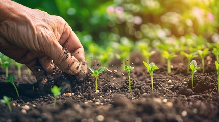 Hand planting seedlings in the ground.