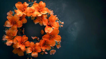 Wreath of orange flowers on black background copy space