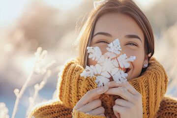 Close-up portrait of a happy young woman wearing a winter hat, holding a snowflake on her face and looking at the camera against a forest background during snowy weather, Generative AI