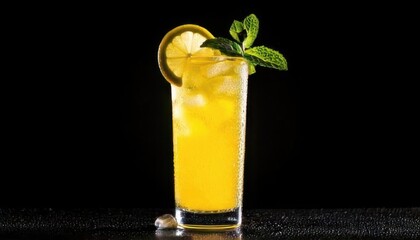 lynchburg lemonade on black background garnished with lemon and mint