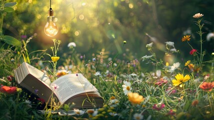 Wall Mural - open book resting in a field of flowers with a hanging lightbulb