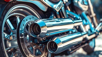 Close up of a custom chrome exhaust pipe on a motorcycle