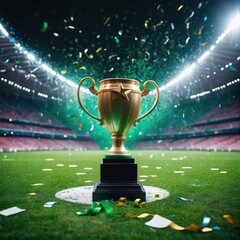 A golden trophy stands proudly in a stadium celebrating a recent tournament victory, surrounded by confetti and festive decorations