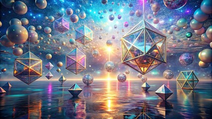 Wall Mural - A Cosmic Dance of Geometric Forms and Ethereal Spheres Suspended in a Dreamlike Landscape of Shimmering Water and a Starry Sky