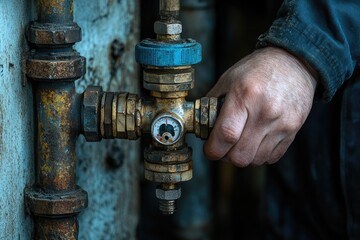 Worker adjusting industrial valve in factory setting