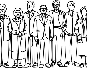 Wall Mural - the continuous line drawing of a Elderly people group of standing people generate by ai