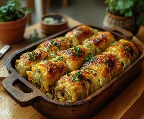 Wall Mural - Cabbage rolls stuffed with minced meat and rice in tomato sauce on black plate