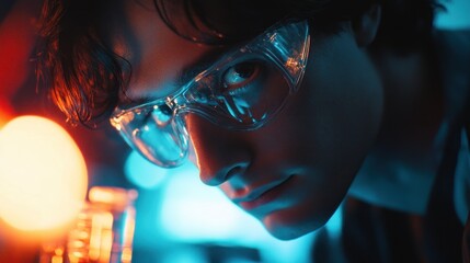 Poster - Close-up Portrait of a Young Man Wearing Safety Glasses Under Neon Lights