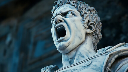 Close-up of a statue of a gladiator screaming