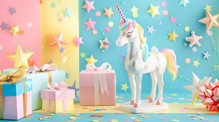 Creative composition with glitter unicorn and gift box isolated on colorful background