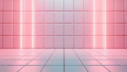 Pink neon lights reflect on white tile walls and floor, creating a modern and stylish backdrop.