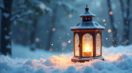 Snowy Night: A glowing lantern's warm light pierces the winter's cold.