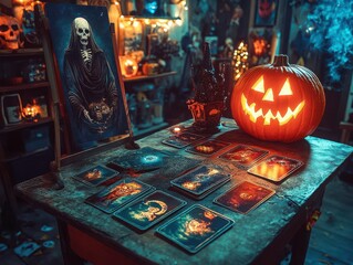 A fortune teller's booth with Halloween decorations, tarot cards showing the Grim Reaper and skeletons, and a glowing jack-o'-lantern on the table