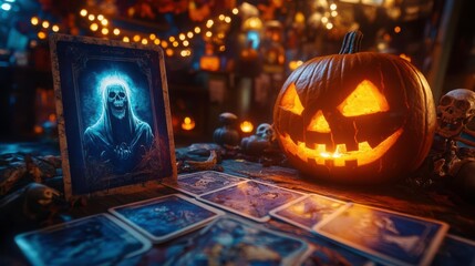 A fortune tellers booth with Halloween decorations, tarot cards showing the Grim Reaper and skeletons, and a glowing jackolantern on the table