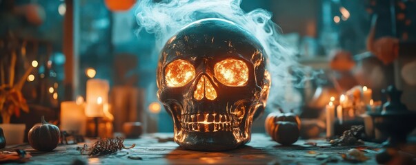 A Halloween fortune teller using a crystal skull instead of a crystal ball, with glowing eyes and mystical fog rising from it, surrounded by creepy decor