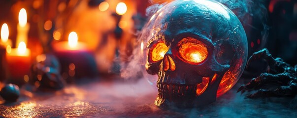 A Halloween fortune teller using a crystal skull instead of a crystal ball, with glowing eyes and mystical fog rising from it, surrounded by creepy decor