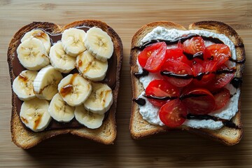 Two toast varieties with banana and tomato