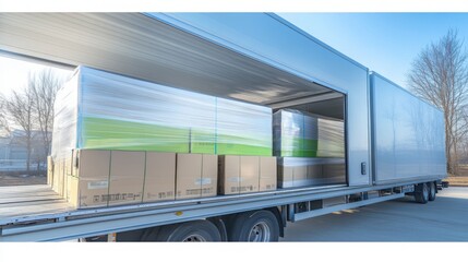 Delivery boxes are meticulously arranged and loaded onto a large truck parked outside a warehouse as the sun sets, ensuring efficient transport.