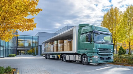 Delivery boxes are meticulously arranged and loaded onto a large truck parked outside a warehouse as the sun sets, ensuring efficient transport.