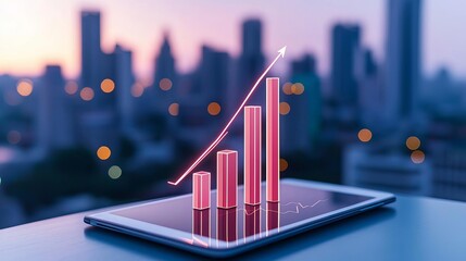 Strategic business expansion illustrated by an ascending bar graph on a tablet display with a breathtaking view of a city skyline at dusk