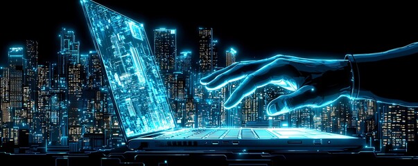 Poster - Futuristic Cityscape with Hand Typing on Laptop Digital Technology Concept