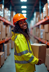 Smiling black woman warehouse worker employee carrying a box at the logistics, distribution center
