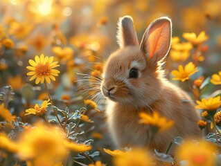 Sticker - Cute Bunny in a Field of Yellow Flowers