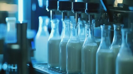 Poster - A high-tech dairy factory production line filling milk into plastic bottles, emphasizing precision equipment and food safety in manufacturing