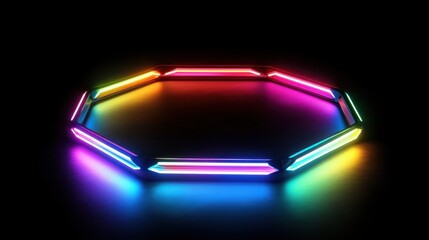Poster - A neon octagon frame glowing in bright colors, rotating against a dark background, creating a dynamic and futuristic light effect