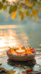 Wall Mural - an empty scene featuring blank mockup template of a glowing diya placed carefully in a small wicker 