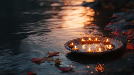 Wall Mural - an empty scene featuring blank mockup template of an offering plate with lit diyas floating down the