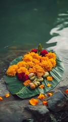 Wall Mural - an empty scene featuring blank mockup template of an open banana leaf filled with marigold flowers a