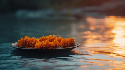 Wall Mural - an empty scene featuring blank mockup template of an offering plate decorated with marigold flowers 