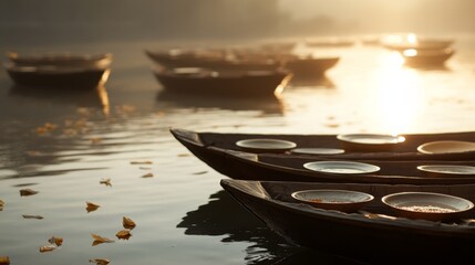 Wall Mural - an empty scene featuring blank mockup template of boats floating on the river with offering plates i