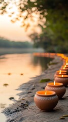 Wall Mural - an empty scene featuring blank mockup template of brightly decorated clay pots lined up on the river