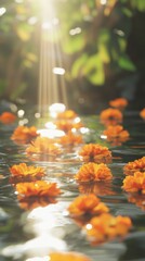 Wall Mural - an empty scene featuring blank mockup template of bright marigold flowers floating gently on the riv