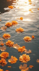 Wall Mural - an empty scene featuring blank mockup template of bright marigold flowers floating gently on the riv