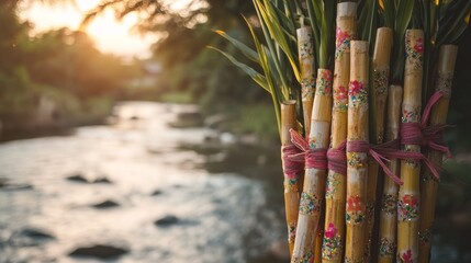 Wall Mural - an empty scene featuring blank mockup template of brightly decorated sugarcane stalks tied together 