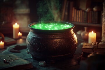 A mystical cauldron bubbling with glowing green potion surrounded by flickering candles and ancient spell books in a dimly lit, magical room.