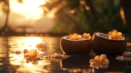 Wall Mural - an empty scene featuring blank mockup template of coconut offerings floating in the water as the sun