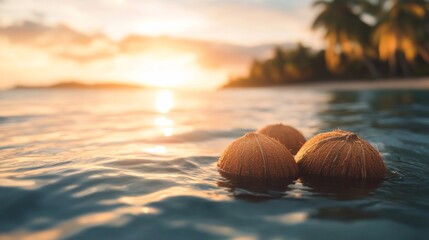 Wall Mural - an empty scene featuring blank mockup template of coconut offerings floating in the water as the sun