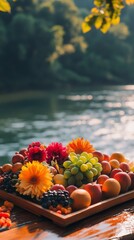Wall Mural - an empty scene featuring blank mockup template of colorful fruits and flowers placed neatly on a woo