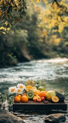 Wall Mural - an empty scene featuring blank mockup template of colorful fruits and flowers placed neatly on a woo