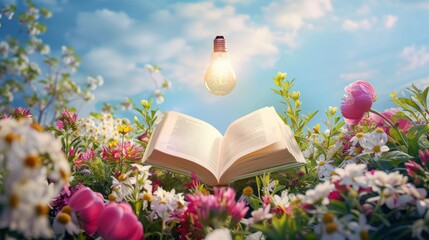Wall Mural - open book surrounded by flowers with a glowing lightbulb above