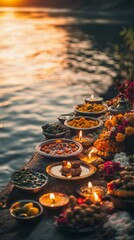 Wall Mural - an empty scene featuring blank mockup template of multiple thalis filled with offerings of fruits, f