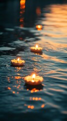 Wall Mural - an empty scene featuring blank mockup template of multiple diyas floating down the river at sunset, 