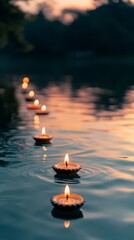 Wall Mural - an empty scene featuring blank mockup template of multiple diyas floating down the river at sunset, 